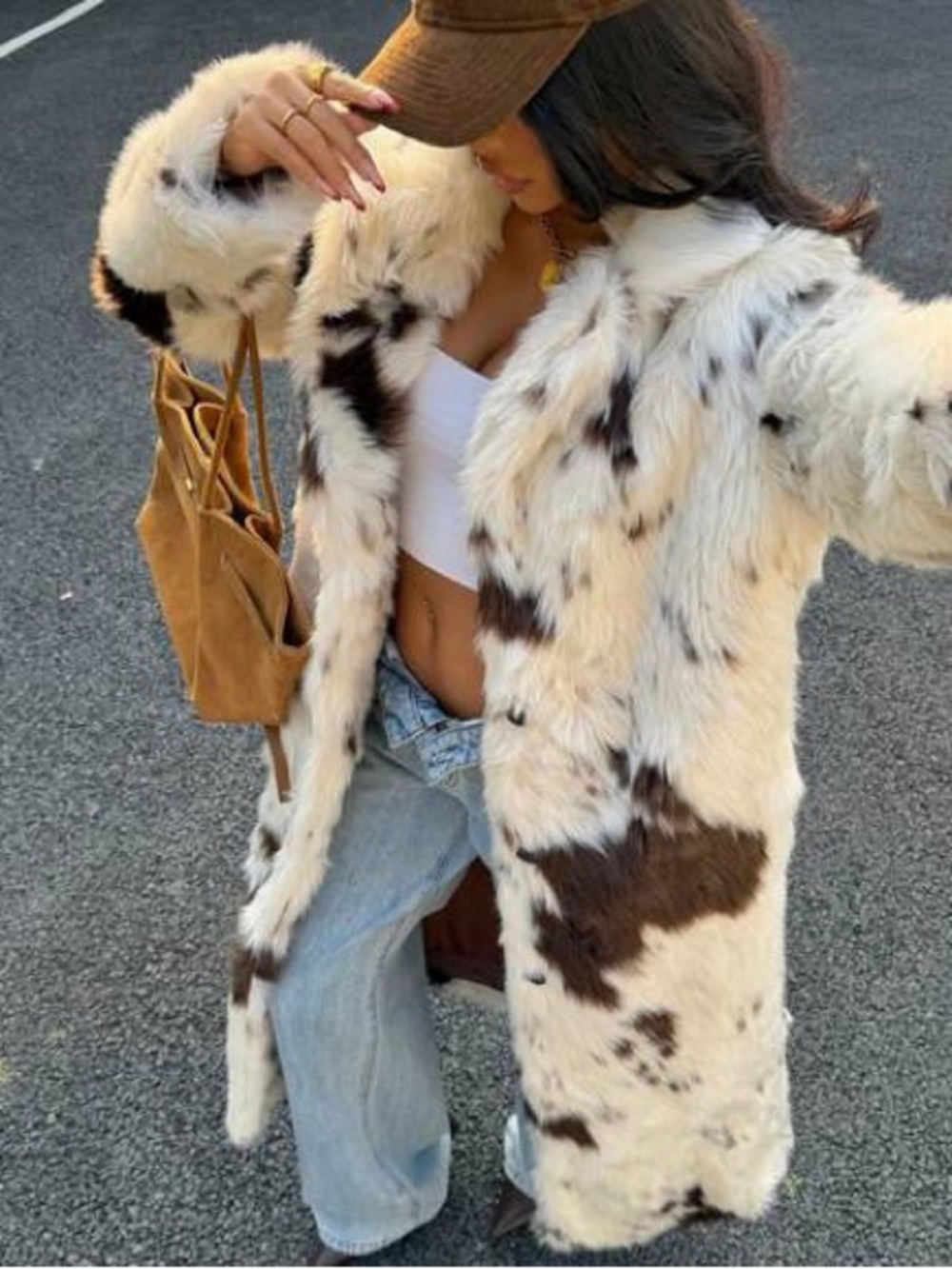 Anthropologie Maeve Grand Glam Faux Fur Coat Long Jacket in Cream and Brown